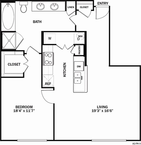 A drawing of a floor plan for a living area and kitchen.
